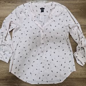 [EUC] ANN TAYLOR Women's Blush Pink Blouse Bird Print Lrg 3/4 Convertible Slvs